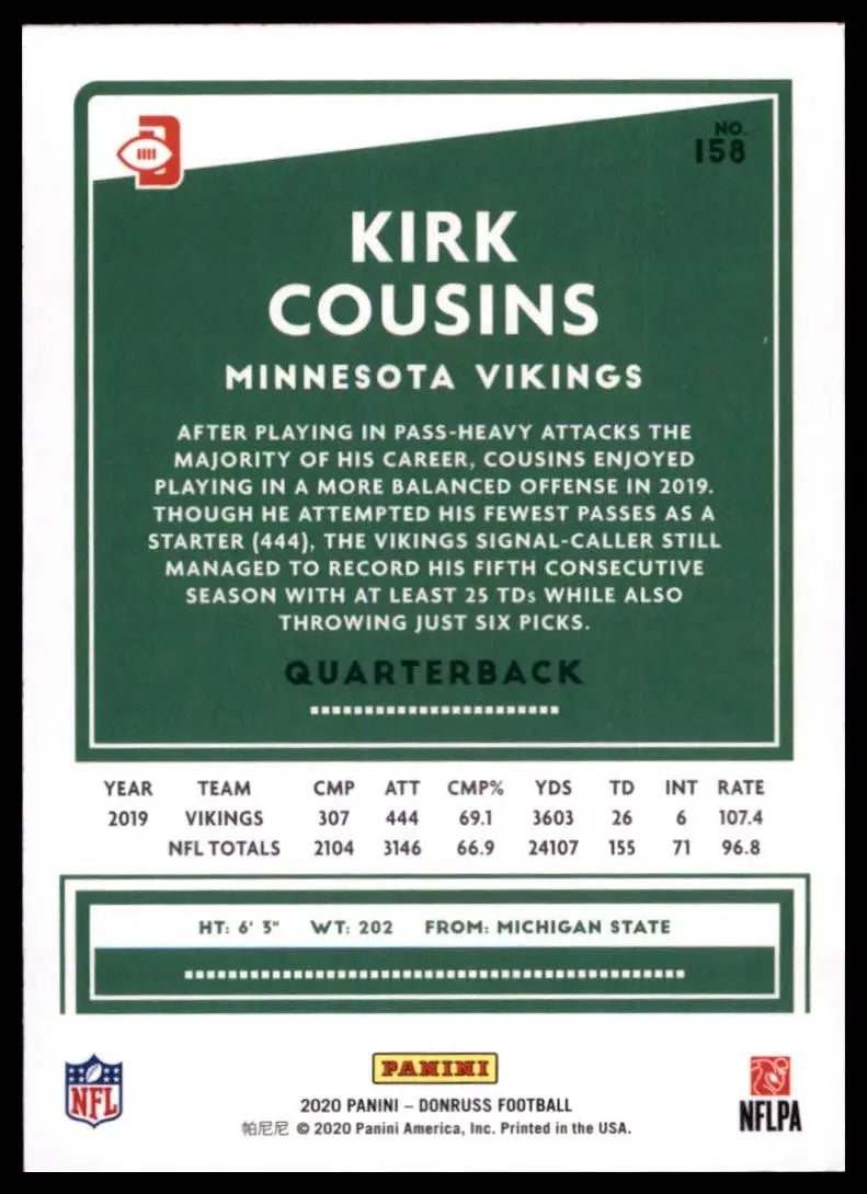 2020 Panini Donruss - Photo Variation Kirk Cousins #158 Press Proof Blue
