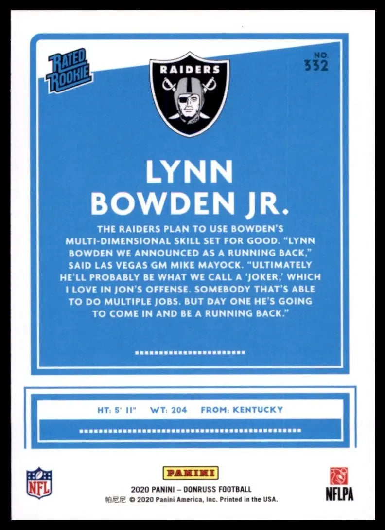 2020 Panini Donruss - Rated Rookie Lynn Bowden Jr. #332 Press Proof Blue (RC)