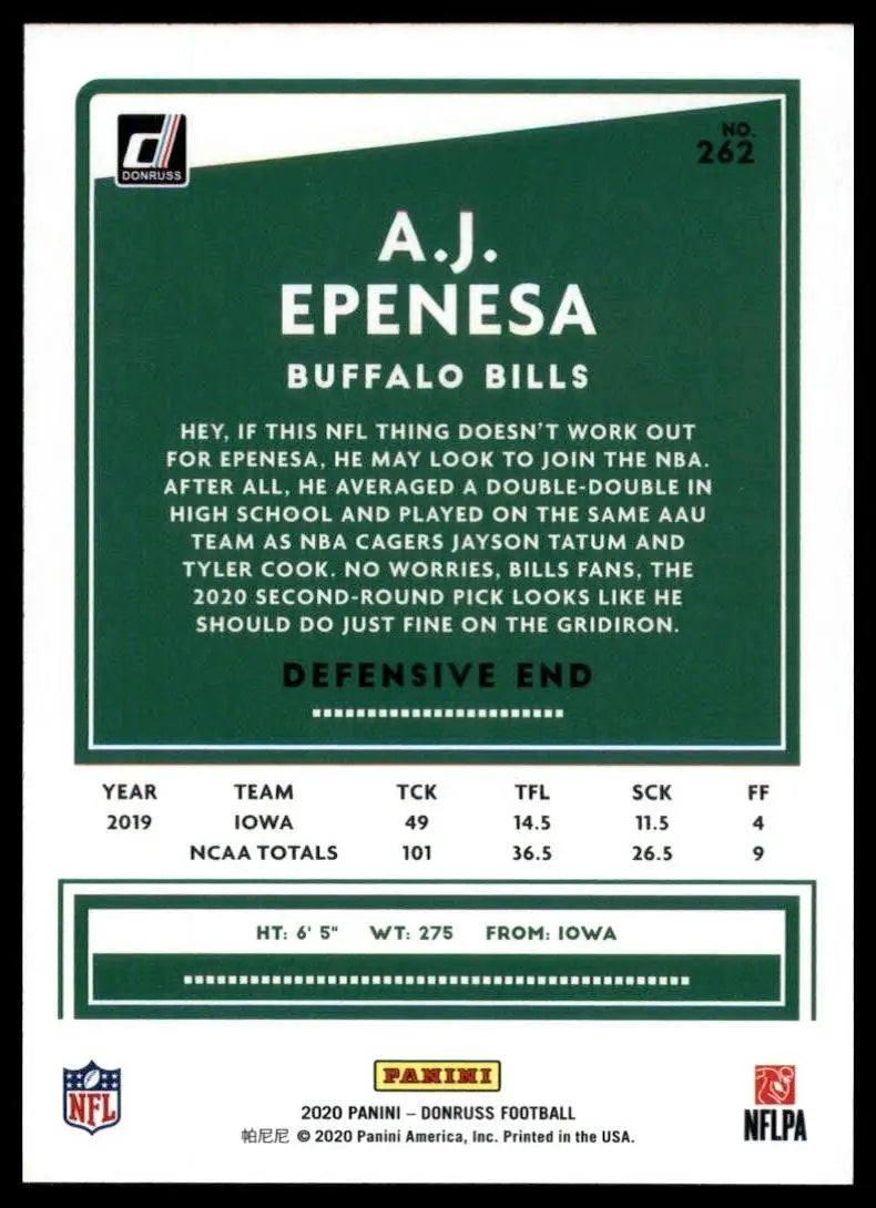 2020 Panini Donruss - Rookie A.J. Epenesa #262 (RC) - Football Card Single