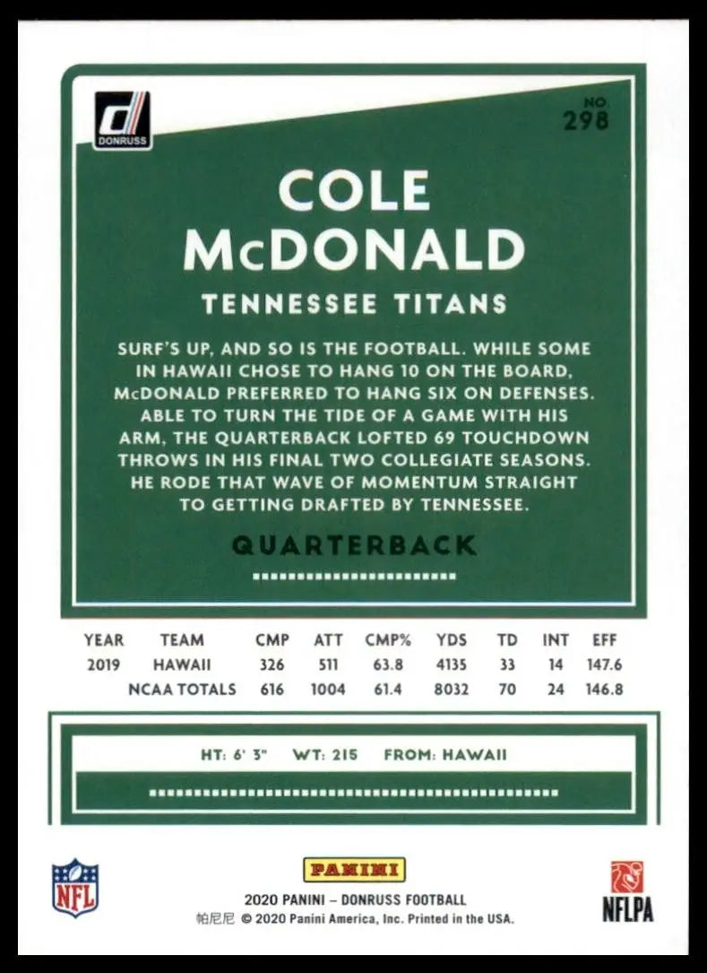 2020 Panini Donruss - Rookie Cole McDonald #298 (RC) - Football Card Single
