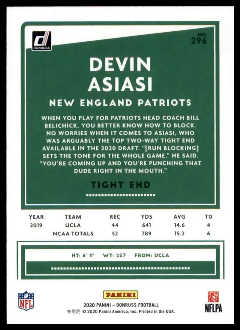 2020 Panini Donruss - Rookie Devin Asiasi #296 (RC) - Football Card Single
