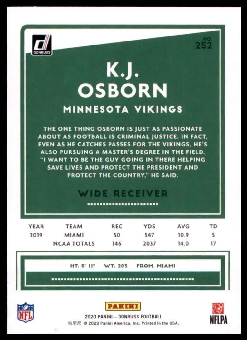 2020 Panini Donruss - Rookie K.J. Osborn #252 Press Proof Blue (RC)