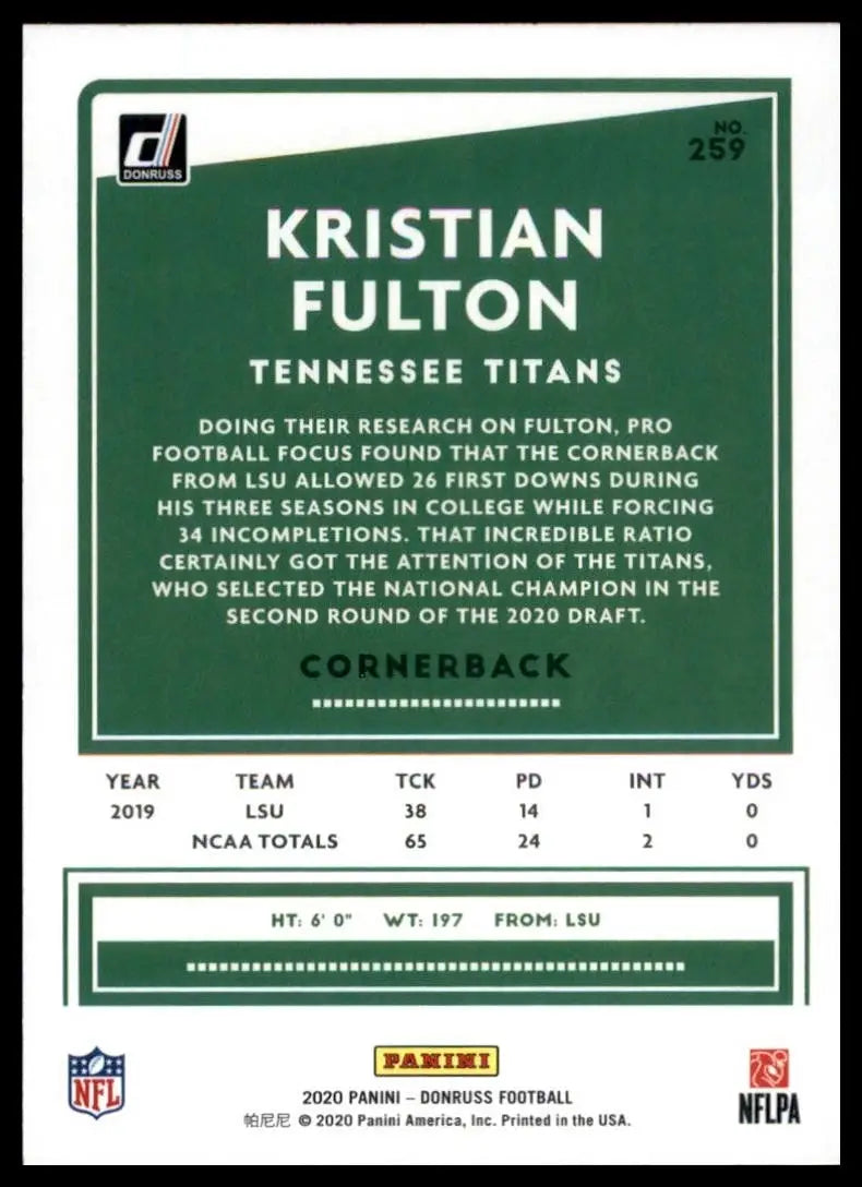 2020 Panini Donruss - Rookie Kristian Fulton #259 (RC) - Football Card Single