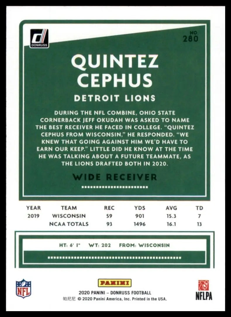 2020 Panini Donruss - Rookie Quintez Cephus #280 (RC) - Football Card Single