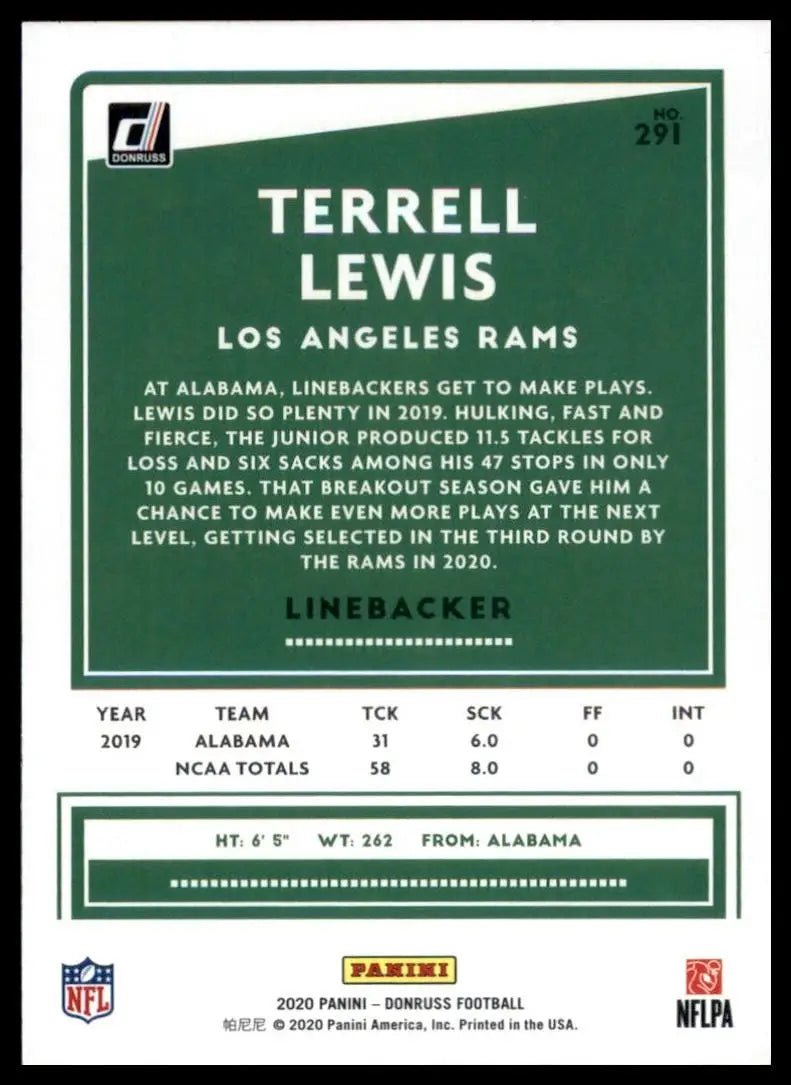 2020 Panini Donruss - Rookie Terrell Lewis #291 (RC) - Football Card Single