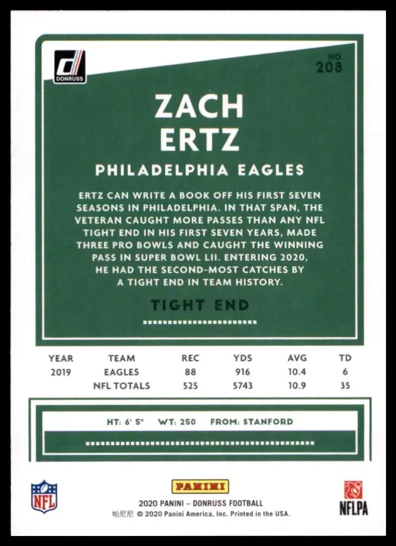 2020 Panini Donruss - Zach Ertz #208 Press Proof Blue - Football Card Single