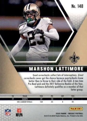 Original gloss Panini Mosaic Marshon Lattimore football card from 2020 Saints collection