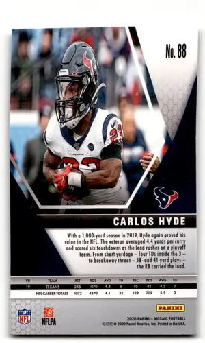Original gloss Panini Mosaic Carlos Hyde football card from 2020 Texas Texans collection