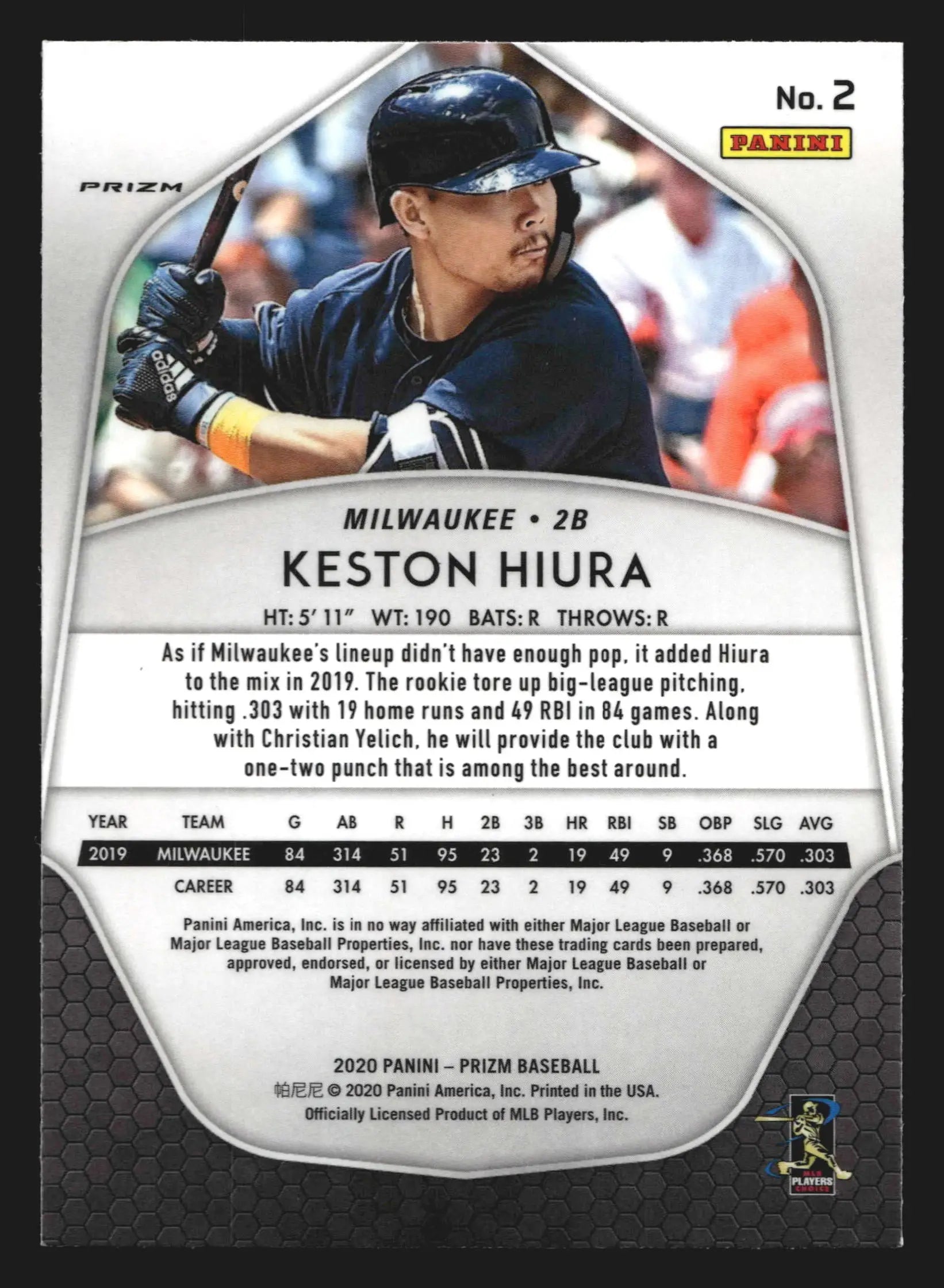 2020 Panini Prizm #2 Keston Hiura Red White Blue Prizm Milwaukee Brewers - Baseball Card Single