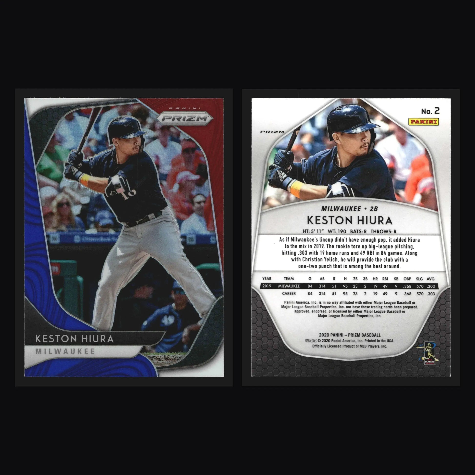 2020 Panini Prizm #2 Keston Hiura Red White Blue Prizm Milwaukee Brewers - Baseball Card Single