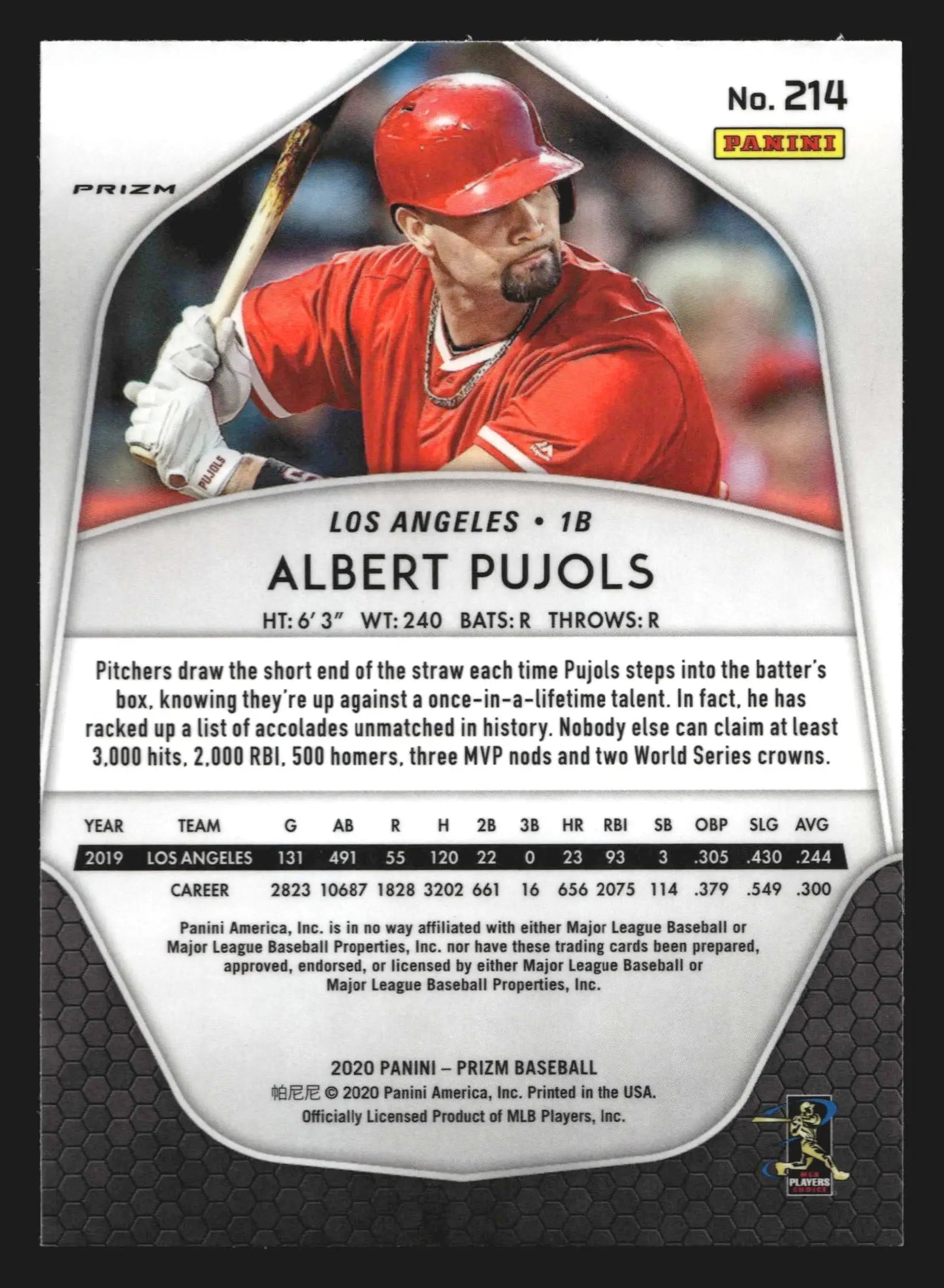2020 Panini Prizm #214 Albert Pujols Angels Carolina Blue Prizm - Baseball Card Single