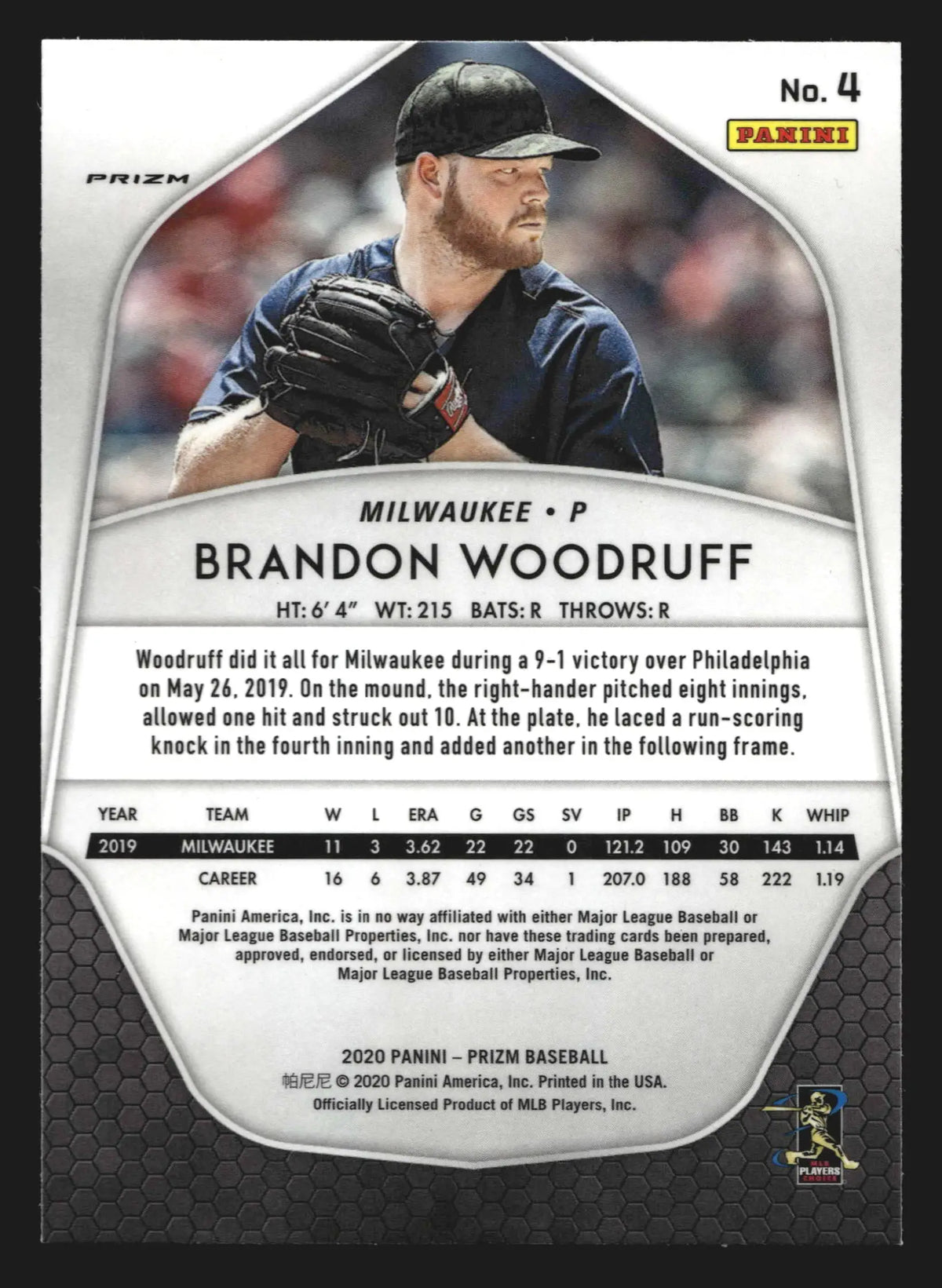 2020 Panini Prizm #4 Brandon Woodruff Silver Prizm Brewers - Baseball Card Single