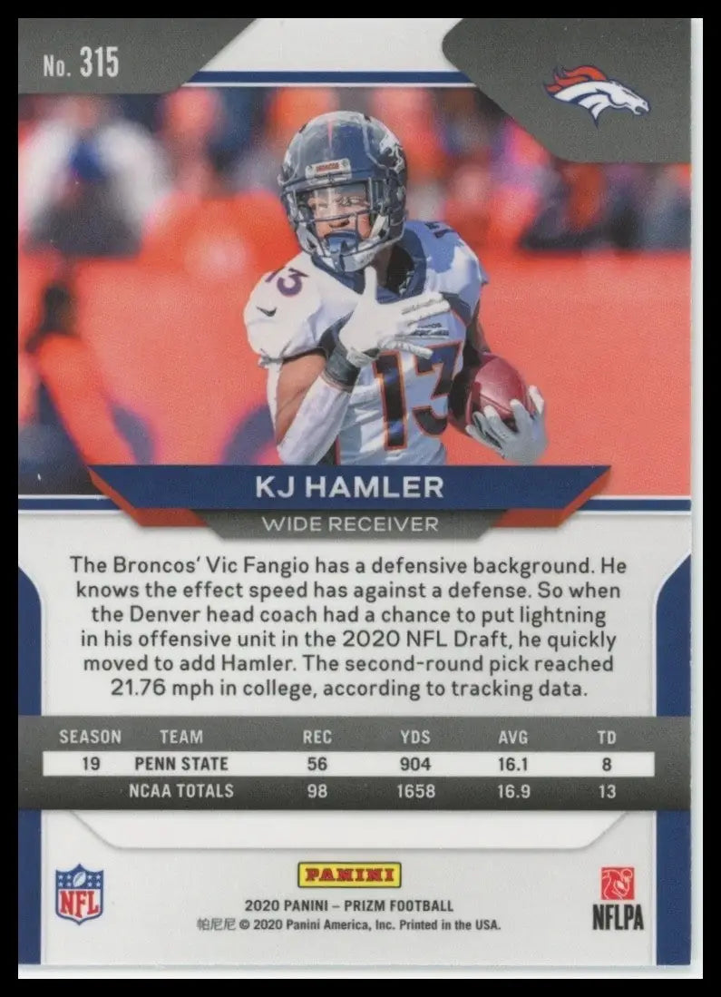 2020 Panini Prizm KJ Hamler Rookie #315 Denver Broncos Football Card NFL Sports