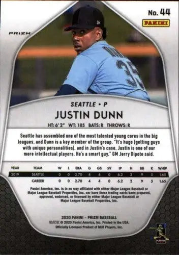 Baseball card back featuring original gloss for 2020 Panini Prizm Purple Prizm Justin Dunn Mariners ID 42779