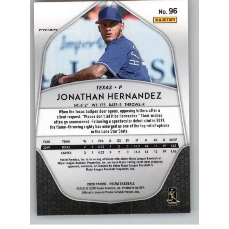 2020 Panini Prizm Purple Prizm #96 Jonathan Hernandez NM-MT Texas Rangers Baseball Card - Baseball Card Single