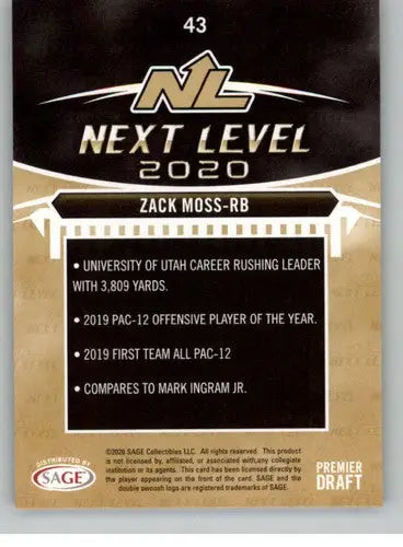 2020 SAGE HIT Premier Draft Zack Moss football card showcasing hit premier draft features
