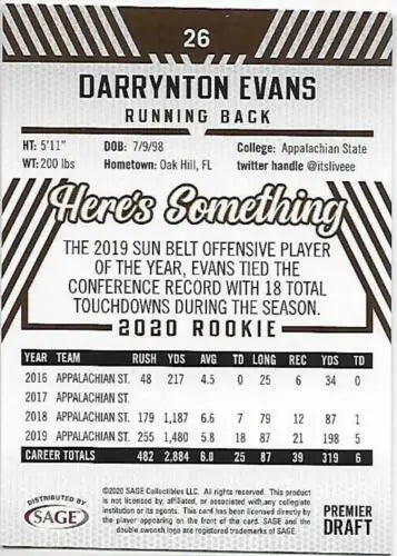 Darrynton Evans football card featuring original gloss from 2020 SAGE HIT Premier Draft Red