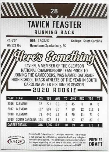Tavien Feaster 2020 SAGE HIT Premier Draft Red football card with original gloss finishes