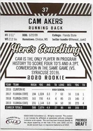 2020 SAGE HIT Premier Draft Red #37 Cam Akers NM-MT football card with original gloss
