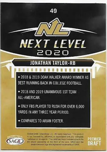 Jonathan Taylor football card in original gloss, 2020 SAGE HIT Premier Draft Red #49