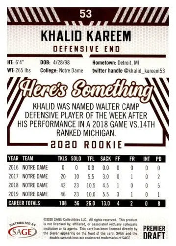 Original gloss Khalid Kareem football card from 2020 SAGE HIT Premier Draft Red