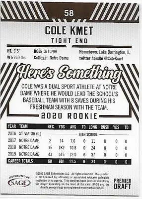 2020 SAGE HIT Premier Draft Red Cole Kmet football card with original gloss NM condition