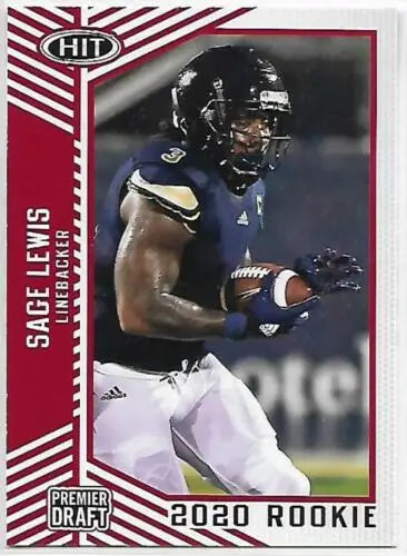 Sage Lewis football card from 2020 SAGE HIT Premier Draft Red featuring original gloss