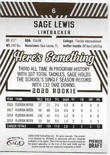 Sage Lewis football card featuring original gloss from 2020 SAGE HIT Premier Draft Red