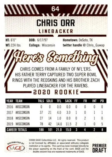 2020 SAGE HIT Premier Draft Red #64 Chris Orr NM-MT - Football Card Single