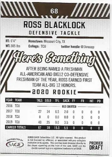 Ross Blacklock football card from 2020 SAGE HIT Premier Draft, original gloss finish
