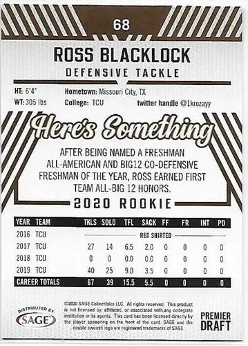 2020 SAGE HIT Premier Draft Red #68 Ross Blacklock NM Near Mint - Football Card Single