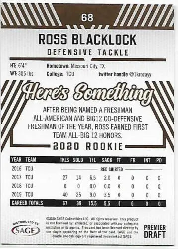 2020 SAGE HIT Premier Draft Red Ross Blacklock card in NM condition with original gloss