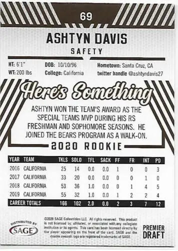 Ashtyn Davis football card in 2020 SAGE HIT Premier Draft original gloss NM condition