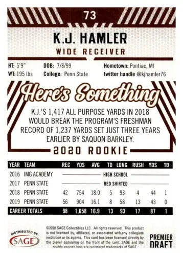 Original gloss of K J Hamler football card from 2020 Sage Hit Premier Draft Red