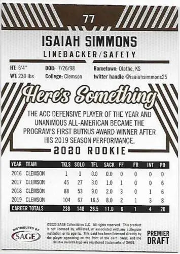 2020 SAGE HIT Premier Draft Red #77 Isaiah Simmons NM-MT original gloss football card