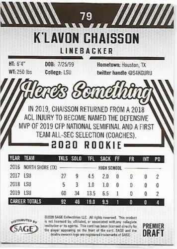 K’Lavon Chaisson football card 2020 SAGE HIT Premier Draft with original gloss finish