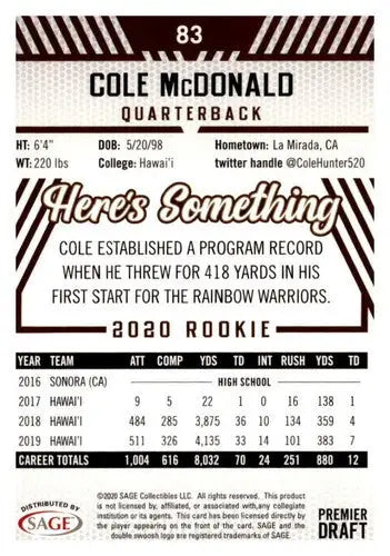2020 Sage Hit Premier Draft Red Cole McDonald football card with original gloss