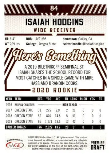 2020 SAGE HIT Premier Draft Red #84 Isaiah Hodgins NM-MT - Football Card Single