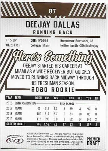 2020 SAGE HIT Premier Draft Red #87 Deejay Dallas football card with original gloss