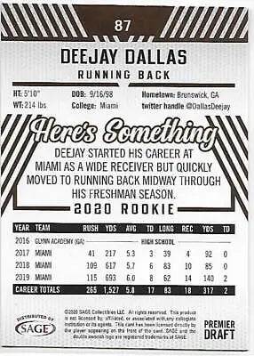 Deejay Dallas football card 2020 SAGE HIT Premier Draft Red NM original gloss condition