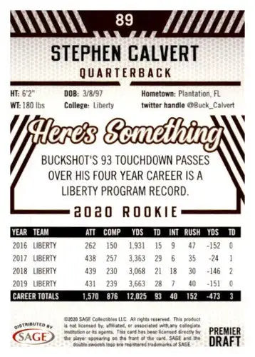 Stephen Calvert football card from 2020 SAGE HIT Premier Draft Red NM-MT