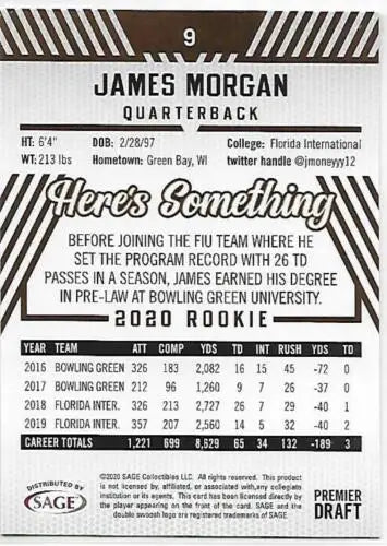 James Morgan football card from 2020 SAGE HIT Premier Draft with original gloss finish