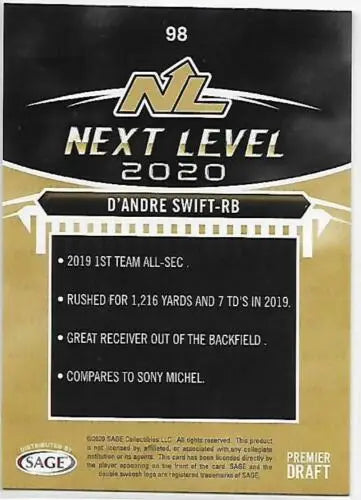 D’Andre Swift football card 2020 SAGE HIT Premier Draft Red NM-MT original gloss quality