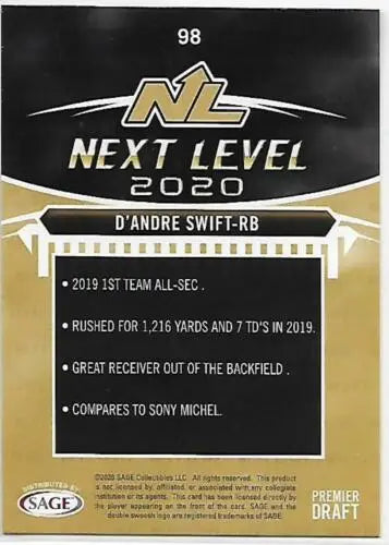 D’Andre Swift football card 2020 SAGE HIT Premier Draft Red with original gloss finish