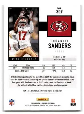 Emmanuel Sanders football card from 2020 Score #309 featuring San Francisco 49ers