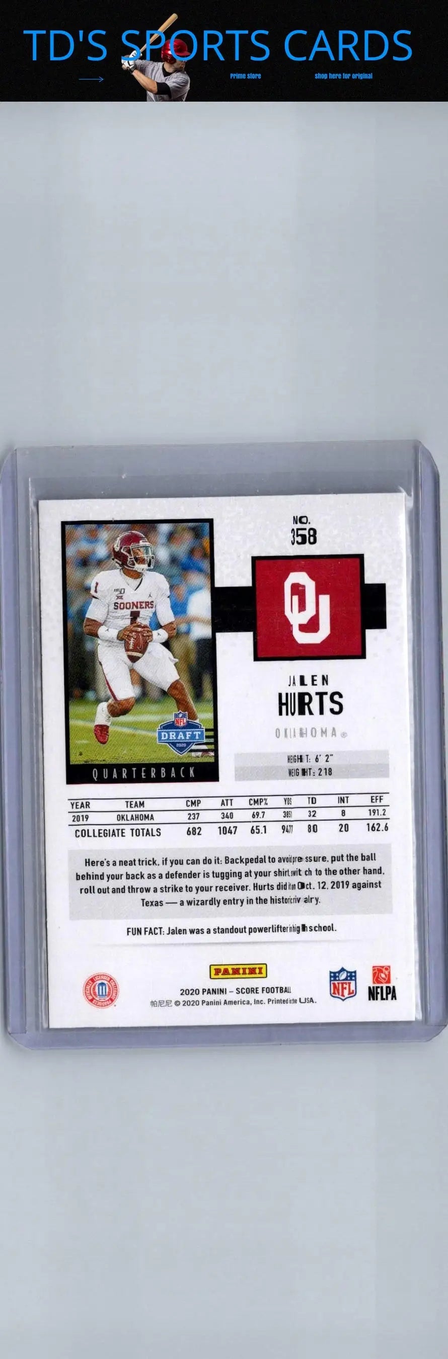 Jalen Hurts football trading card from the 2020 Score series displayed in product #358