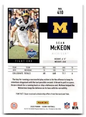 2020 Score Sean McKeon trading card showcasing Sean McKeon football collectible