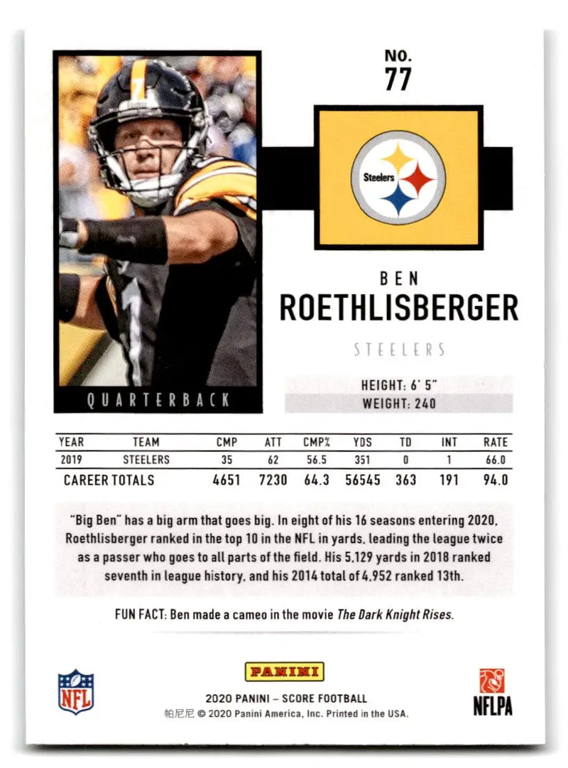 2020 Score #77 Ben Roethlisberger - Football Card Single