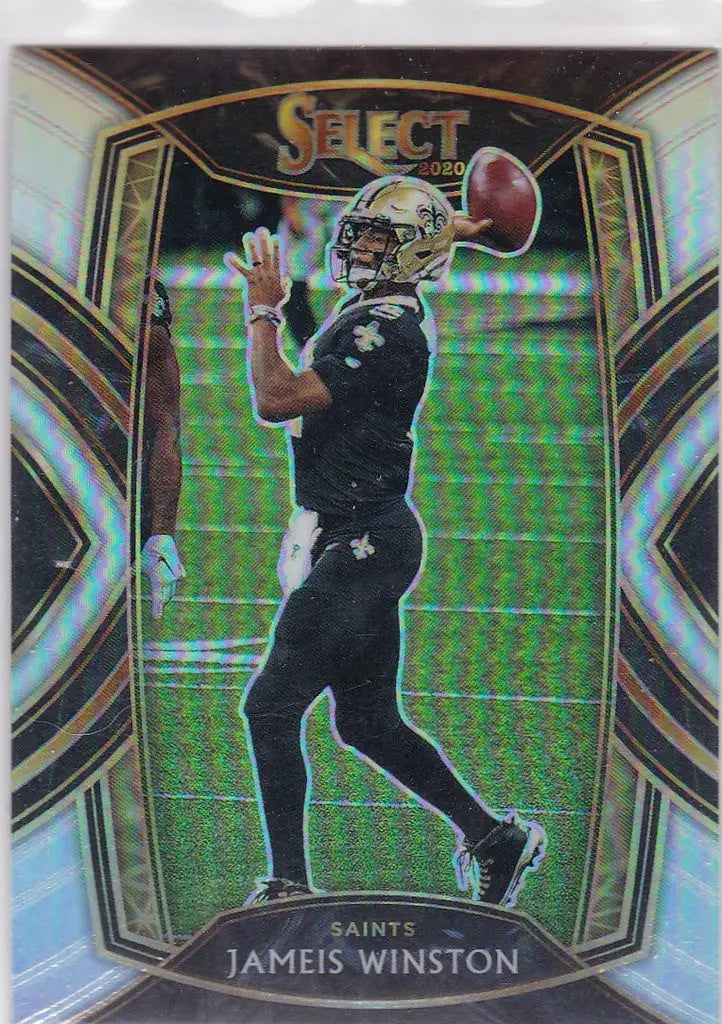 Football trading card of Jameis Winston in black uniform, featuring Winston Silver Prizm