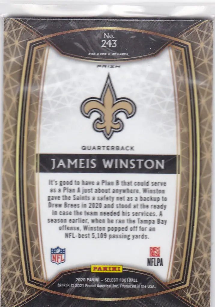 Football trading card of Jameis Winston featuring New Orleans Saints logo and Silver Prizm Club design